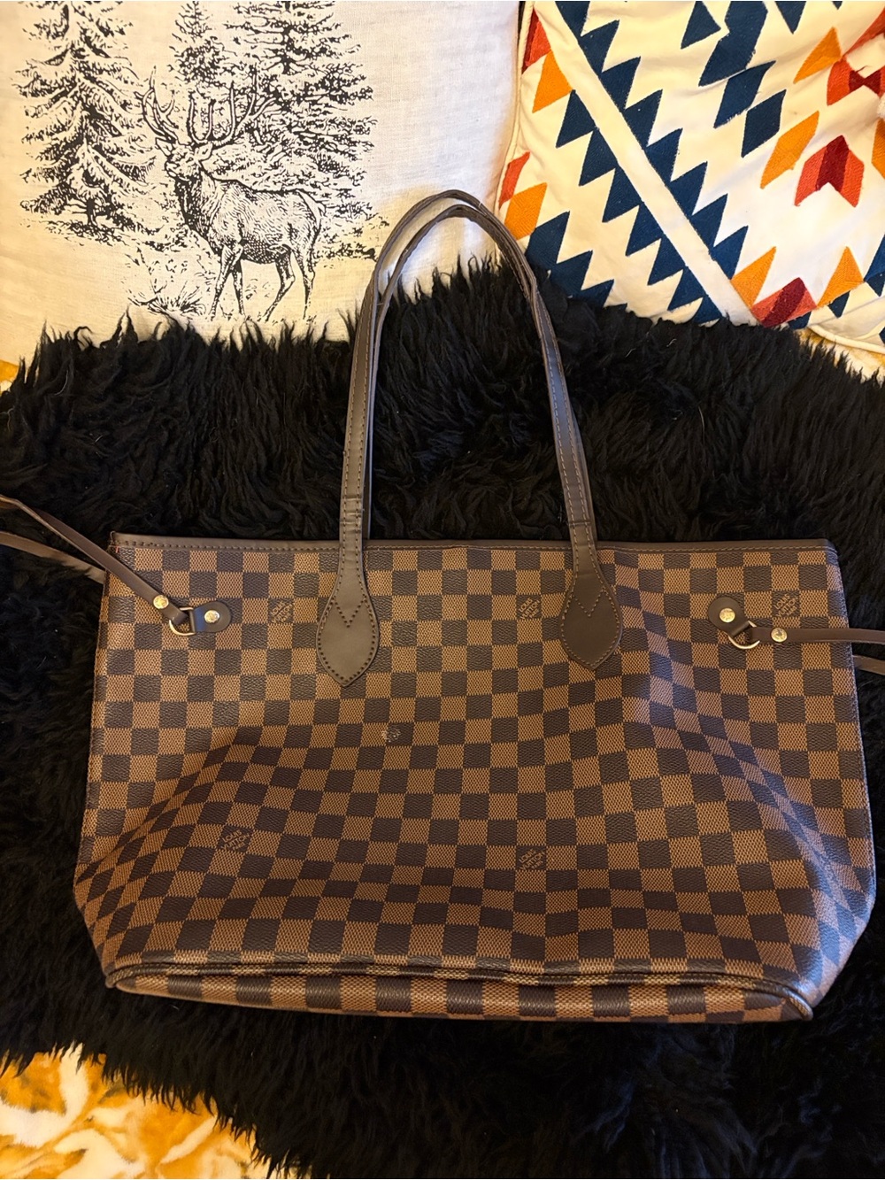 Women's Brown Checkered Tote Bag